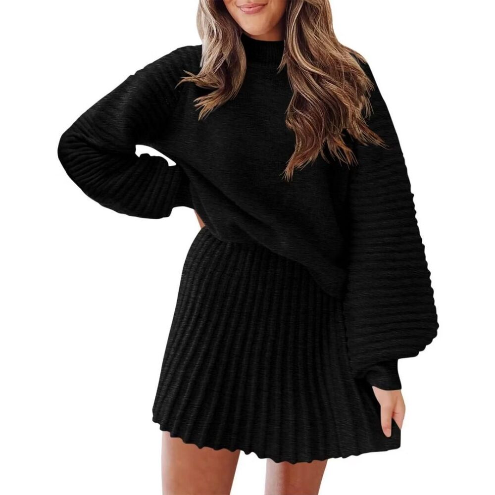 2 Piece Sets Chunky Knit Mock Neck Sweater & Pleated Knit Mini Skirt S